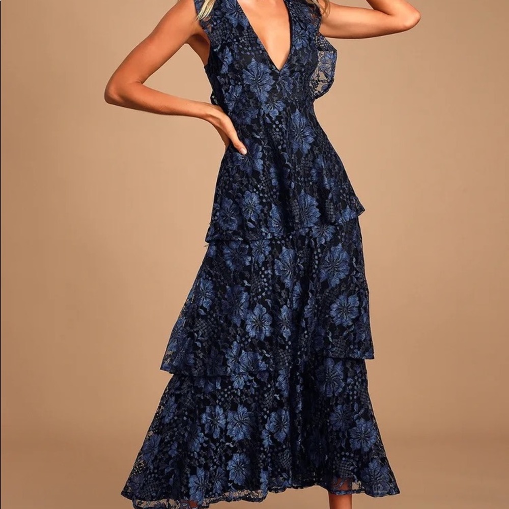 Molinetto Navy Blue Lace Ruffled Tiered Sleeveless Maxi Dress